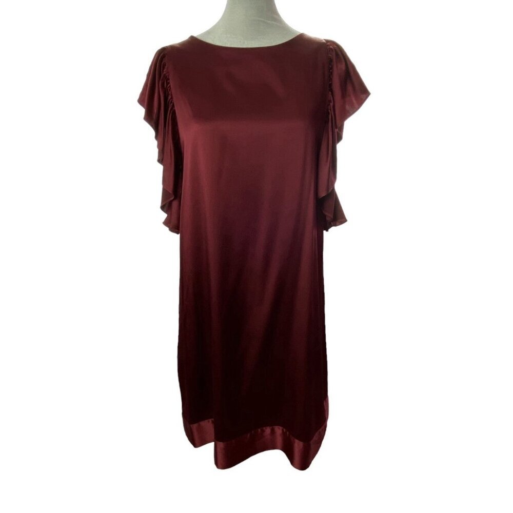 SUNNER Women Silk Satin‎ Slip Dress Ruffle Sleeve Sz 10 Red Casual Party 80-28